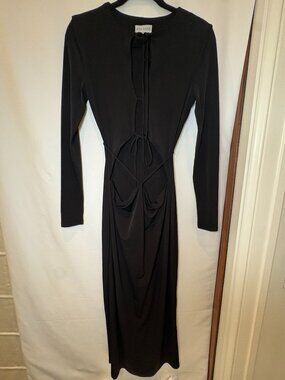 Aya Muse Black Long-Sleeve Midi Dress with Front Tie Detail